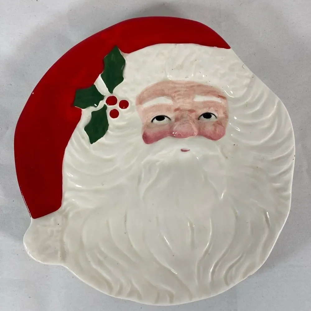 Vintage Santa Face Cookie Plate Hand Painted Japan Christmas Dish 7.5 “ Holly